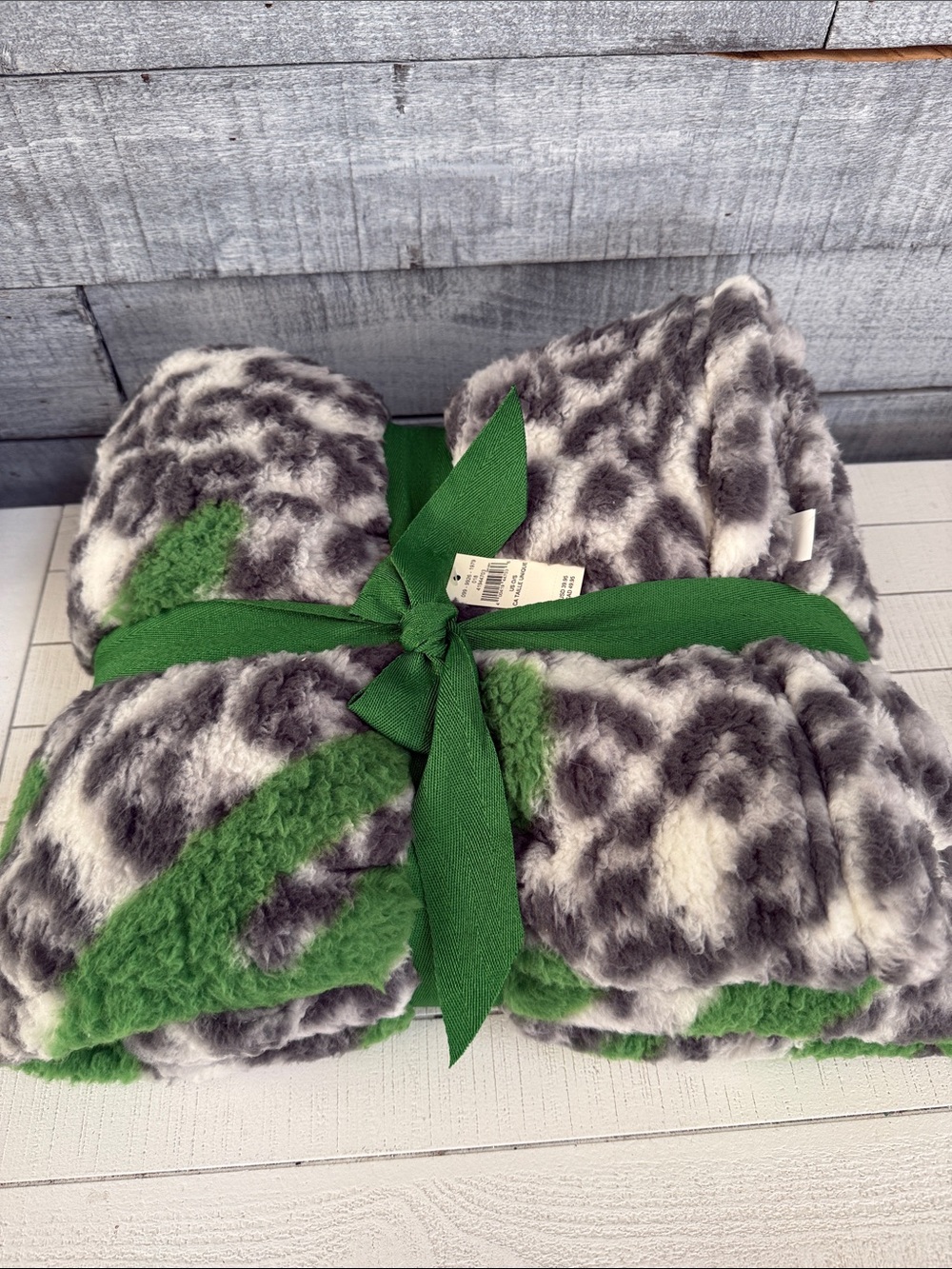 aerie Plush Animal Print Throw Blanket in Gray, White & says aerie in Green
